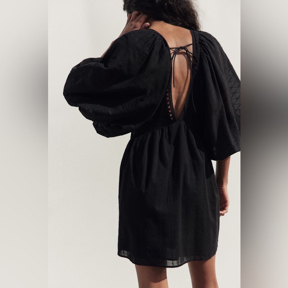 BNWT H&M Black Midi 100% Cotton Dress with Puff Balloon Sleeves - Medium - Picture 5 of 6